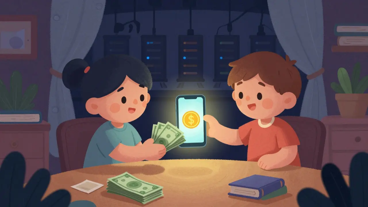 Cartoon scene of secret P2P crypto trading and mining in Nepal