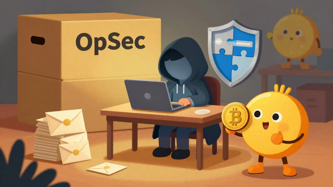 Cartoon showing a trader using privacy tools and stablecoins to protect their assets safely.