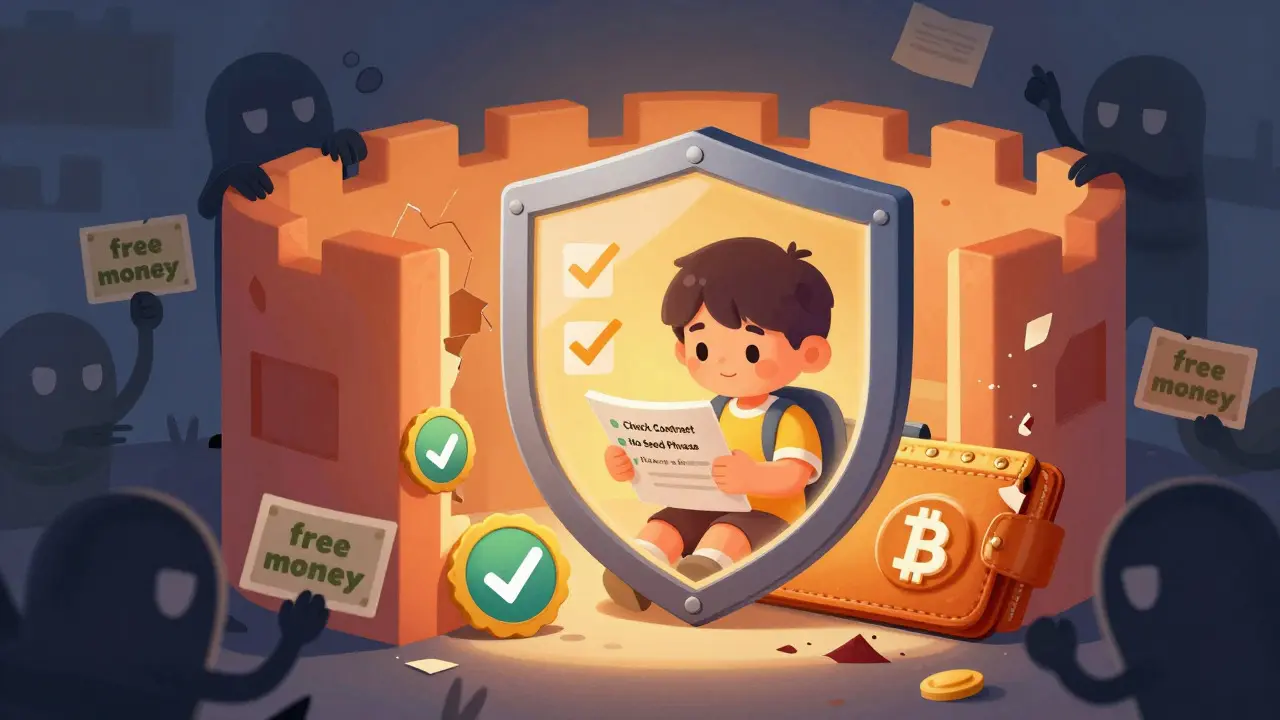 Cartoon wallet protected by a shield against shadowy scammers outside a secure wall.