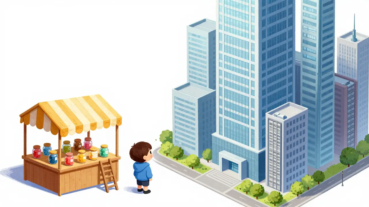 Character comparing small DEX booth to large exchange