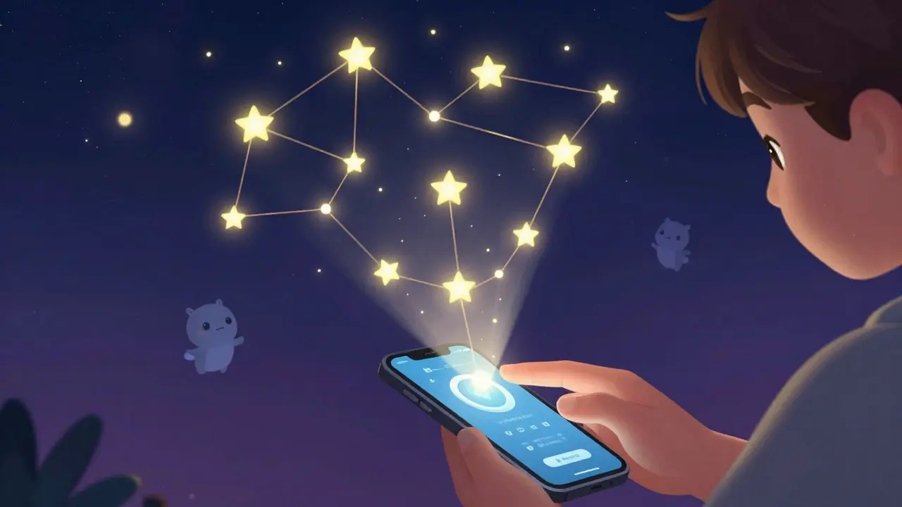 Child tapping phone projecting a magical network of verified identity stars