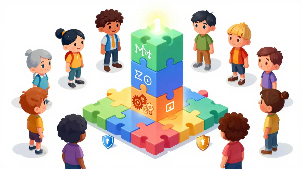 Colorful cartoon characters assembling modular blockchain puzzle pieces into a glowing tower structure.