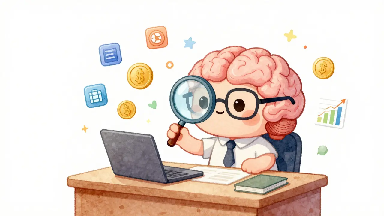Cute AI character examining digital assets and bonds, illustrating AI integration in blockchain rewards.