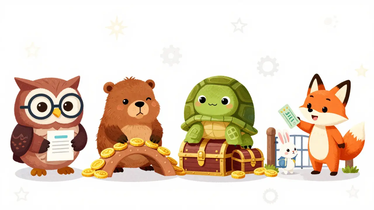 Cute animal icons representing governance, rewards, staking, and payments.