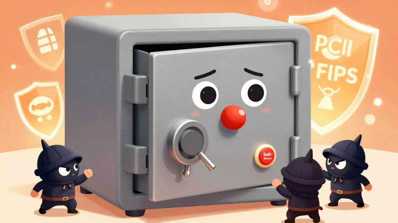 Cute cartoon safe with self-destruct button repelling tiny hackers.