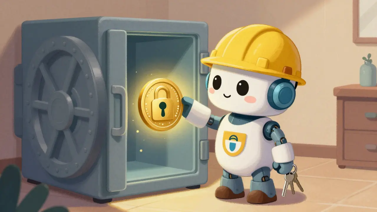 Cute robot custodian securing a token in a safe vault