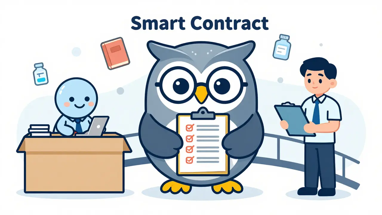 Friendly robot owl character managing charity milestones and transparency