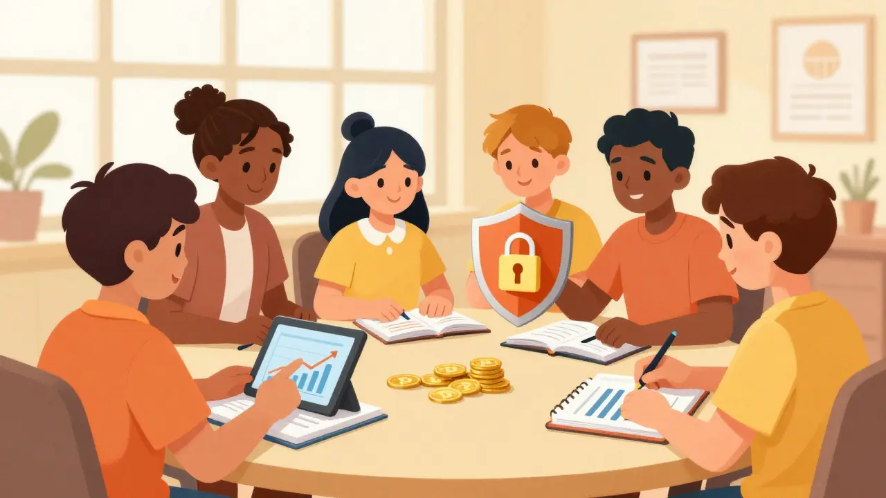 Group reviewing financial records and planning for crypto compliance