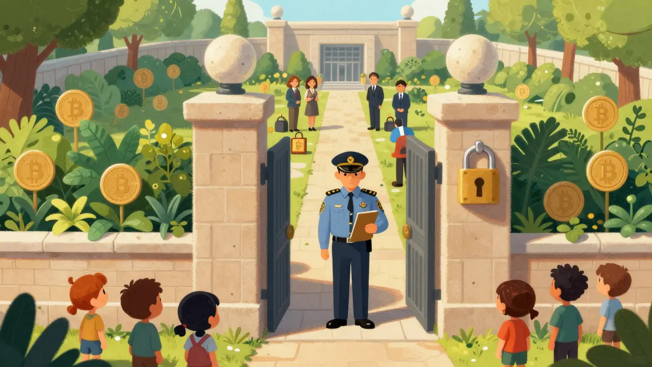 Guardian at gated garden restricting entry for crypto trading