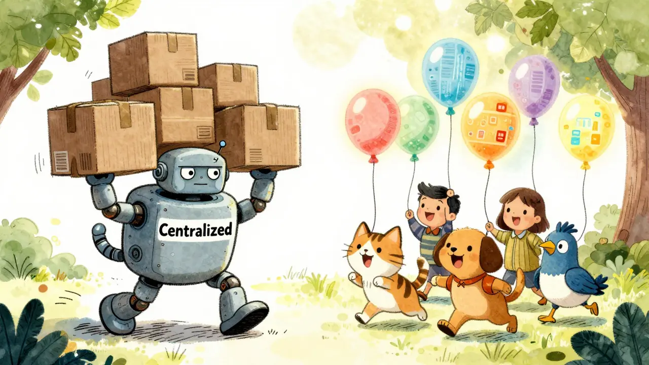 Happy animals carrying light data balloons vs a struggling robot.