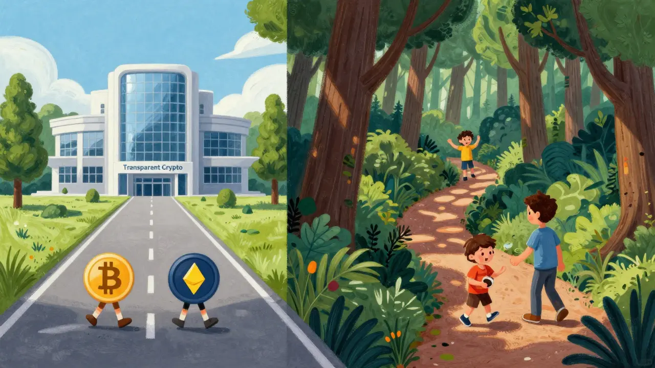 Illustration comparing a smooth regulated crypto path with a risky peer-to-peer forest trail.