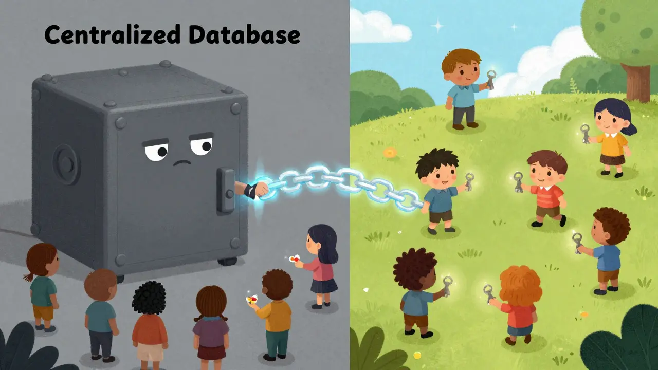 Illustration comparing chaotic centralized databases to organized self-sovereign identity