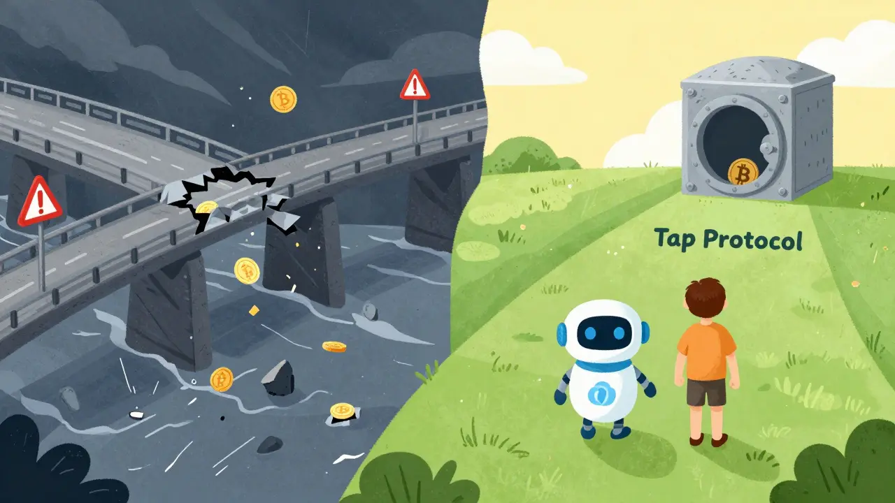 Illustration comparing risky bridge path vs safe Tap Protocol path on Bitcoin
