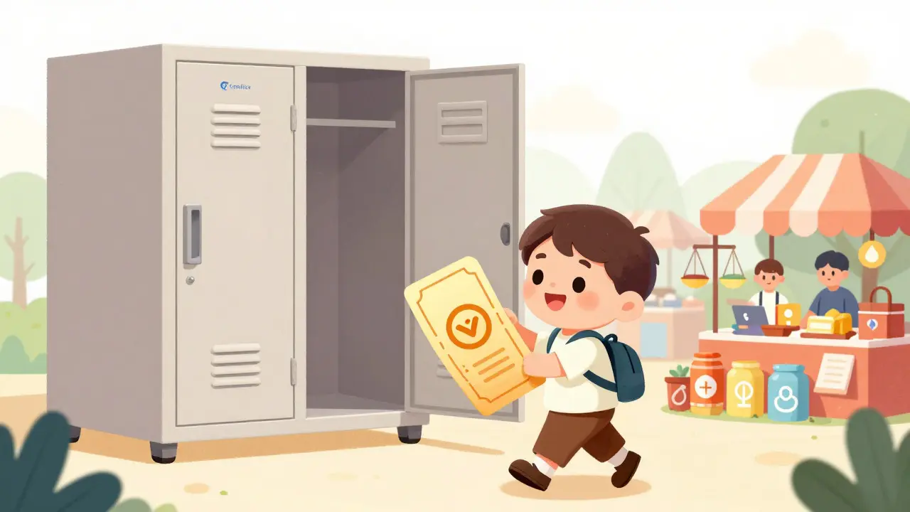 Illustration of a character holding a receipt from a secure locker near a market