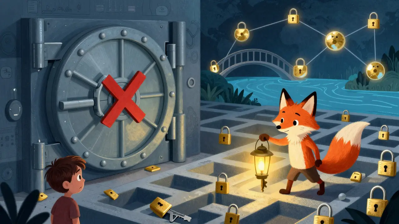 Illustration of a character navigating frozen bank accounts and digital security challenges.