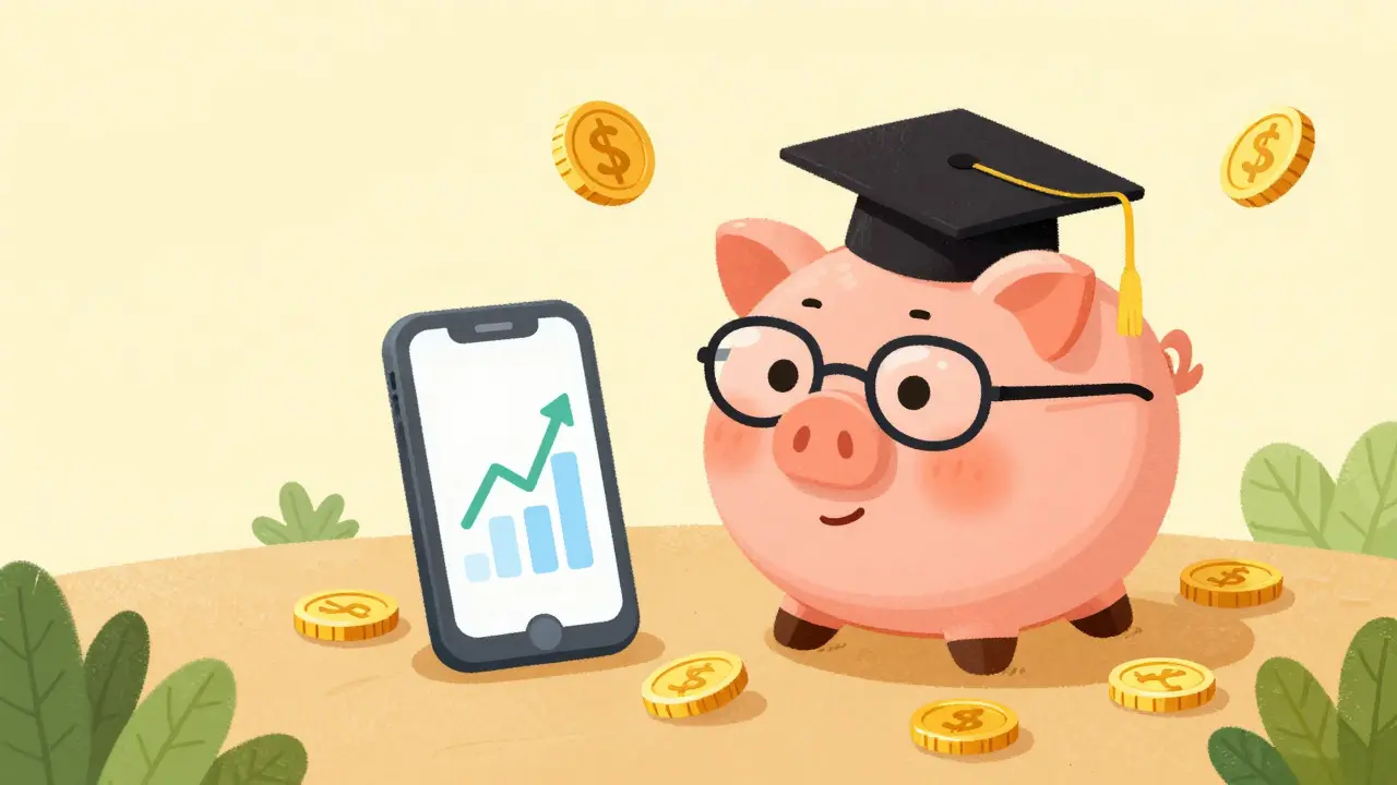 Illustration of a piggy bank earning coins via staking on a phone