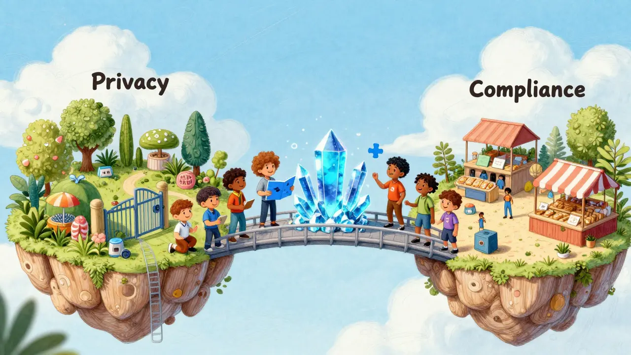 Illustration of developers building a bridge between privacy and compliance