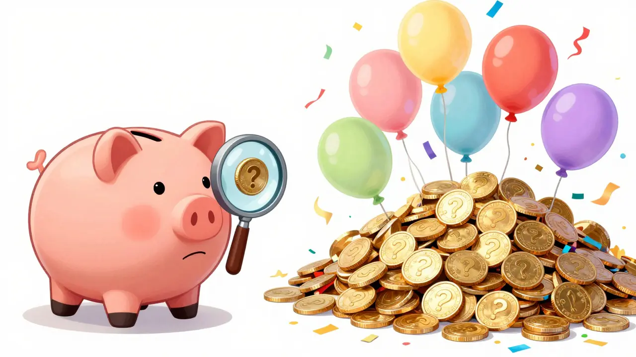 Illustration of piggy bank and confetti piles
