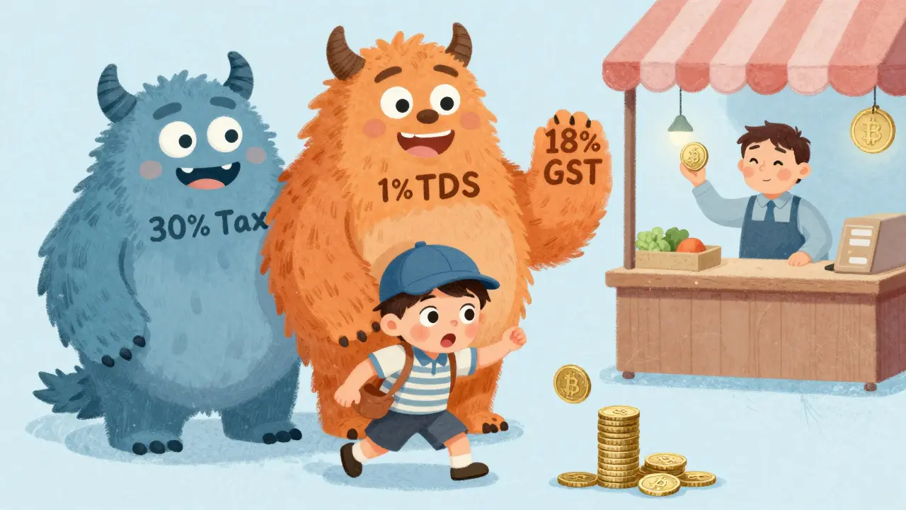 Illustration of tax burdens weighing down a crypto trader while shopping
