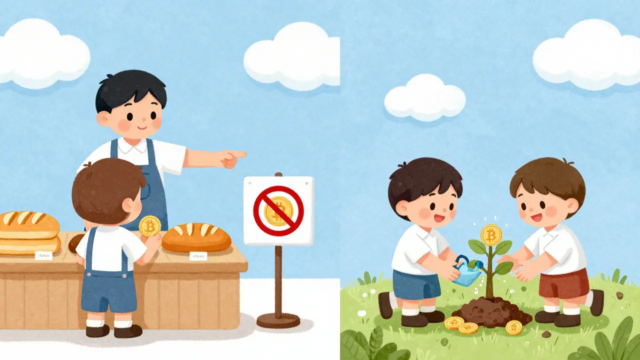 Illustration showing crypto is for investment trees, not buying bread at shops.