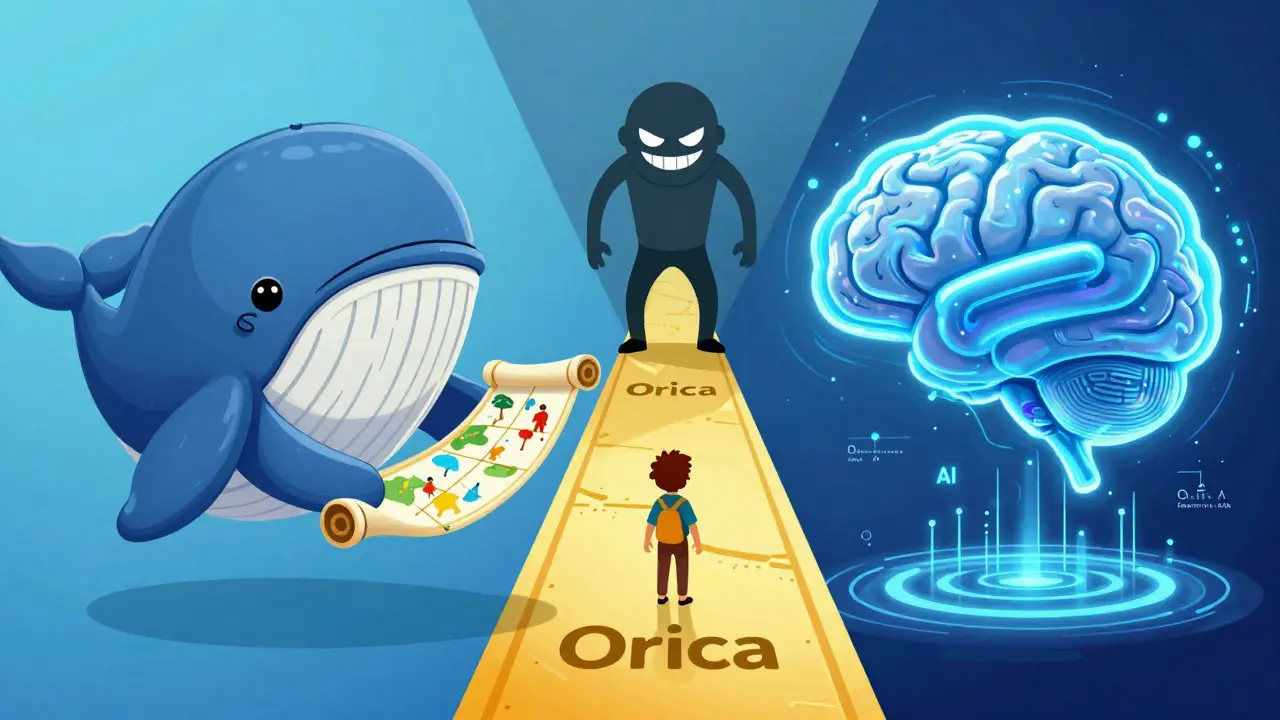 Illustration showing the difference between real Orca projects and a fake Orica scam path.