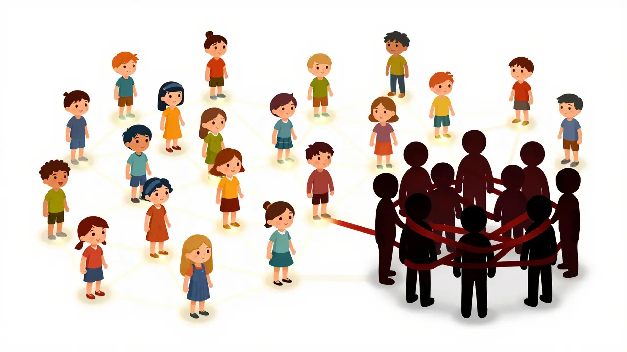 Network diagram showing a tight cluster of identical shadowy figures separate from others