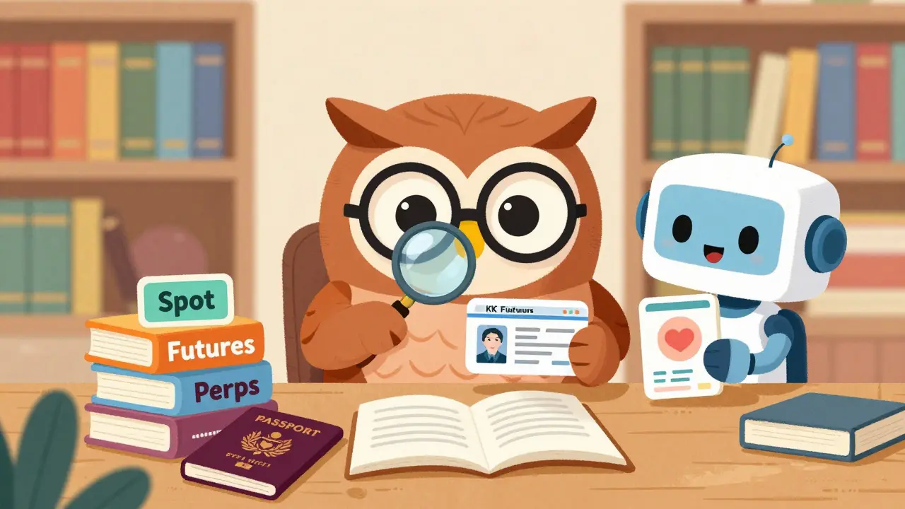 Owl librarian checking ID documents next to trading cards for spot and futures.