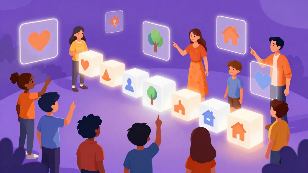 People interacting with glowing blockchain blocks showing charity impact