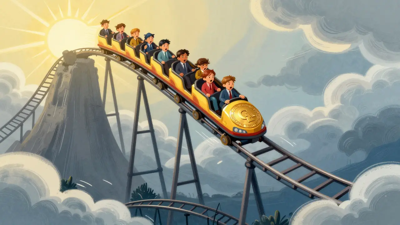 Rollercoaster coin dropping steeply through clouds showing price crash