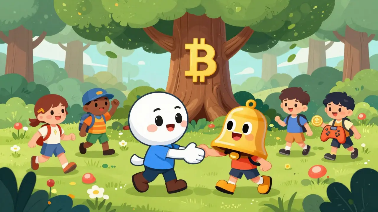 TAP token character interacting with stock and gaming assets in an ecosystem