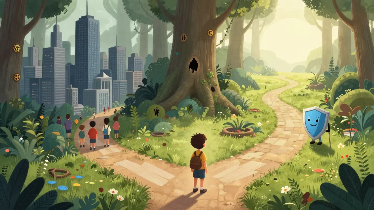 Traveler choosing a safe, regulated path between a busy city and a wild forest.
