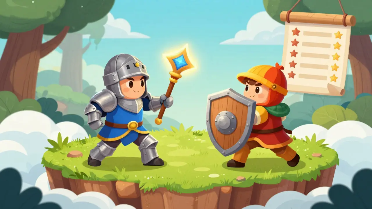 Two cartoon knights battling in a colorful arena with a floating leaderboard in the background.
