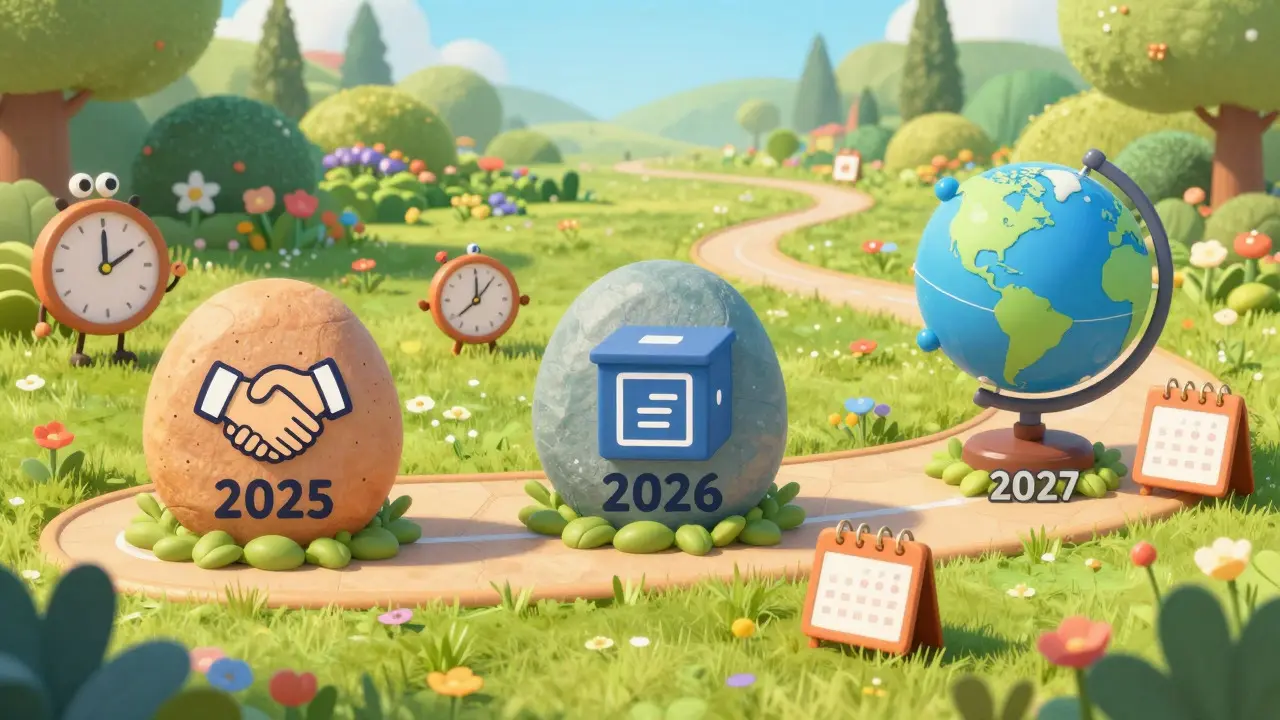 Whimsical timeline path marking key dates for crypto regulation