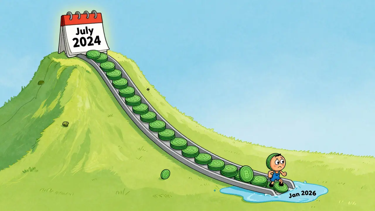 A coin character sliding down a steep slide from its 2024 peak to a tiny puddle in 2026.