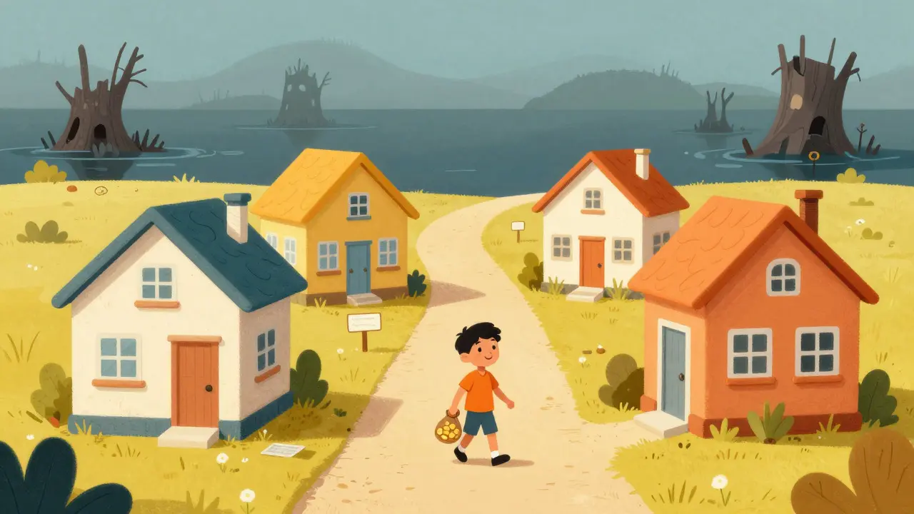 A happy character walking toward stable, colorful houses away from a foggy swamp