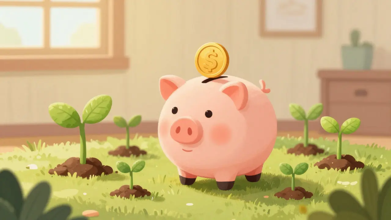 A piggy bank in a garden with coin-leaf plants symbolizing staking rewards.