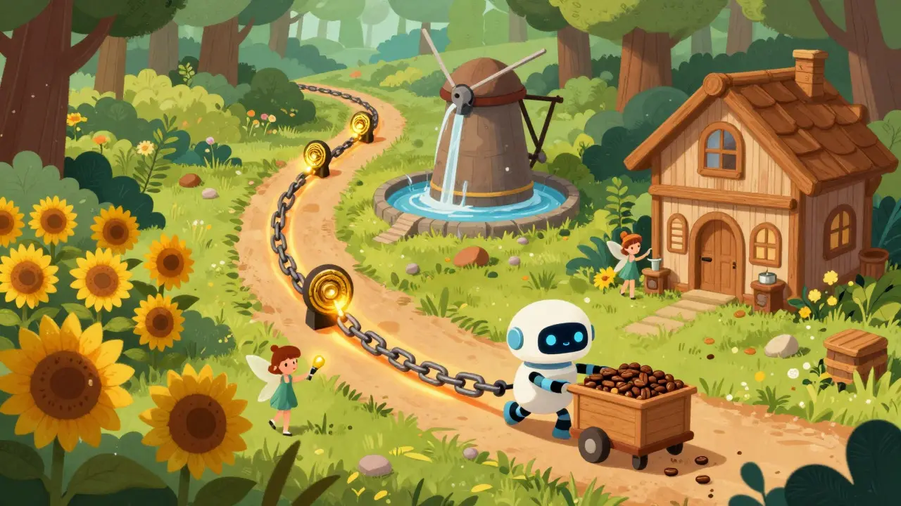 A robot transporting coffee beans along a verified chain through a whimsical forest