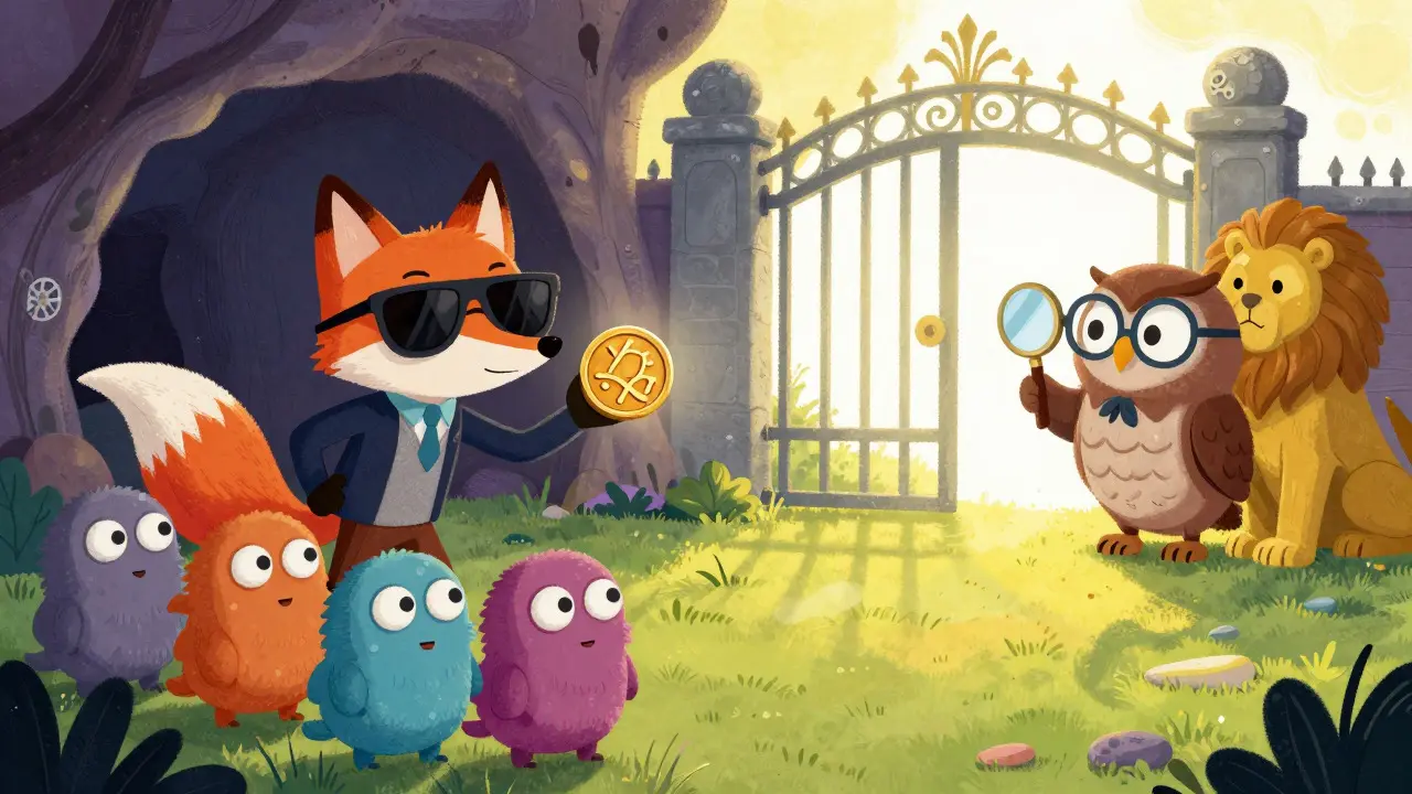 A wise owl warning token creatures away from a fox holding a fake shiny coin.