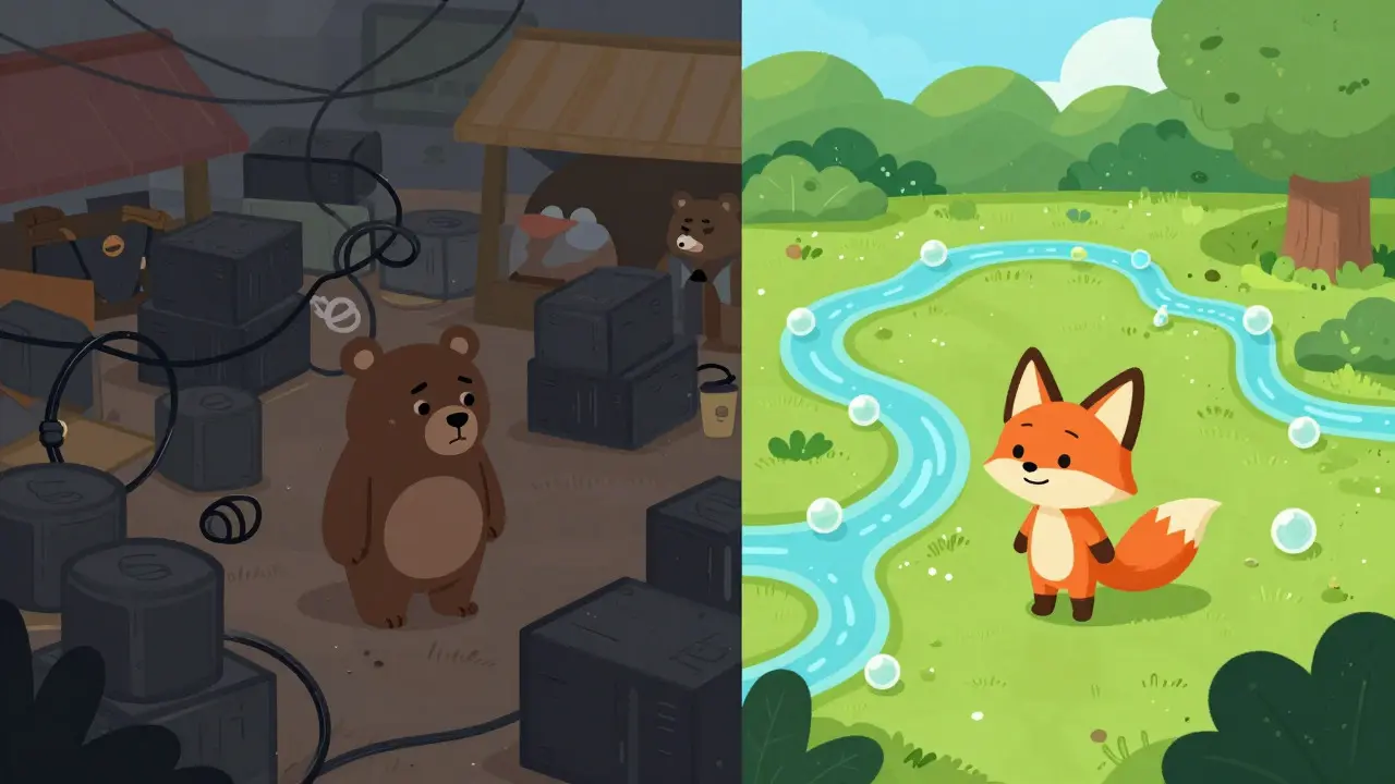 Cartoon animals comparing a chaotic market with an efficient, sunny garden