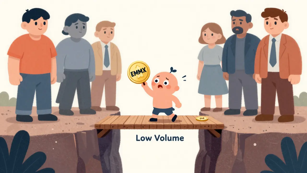 Cartoon character struggling to cross a narrow bridge over a chasm, symbolizing low liquidity risks.