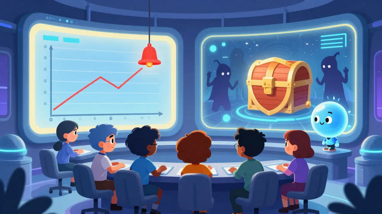 Cartoon characters monitoring security alerts on large screens in a futuristic control room