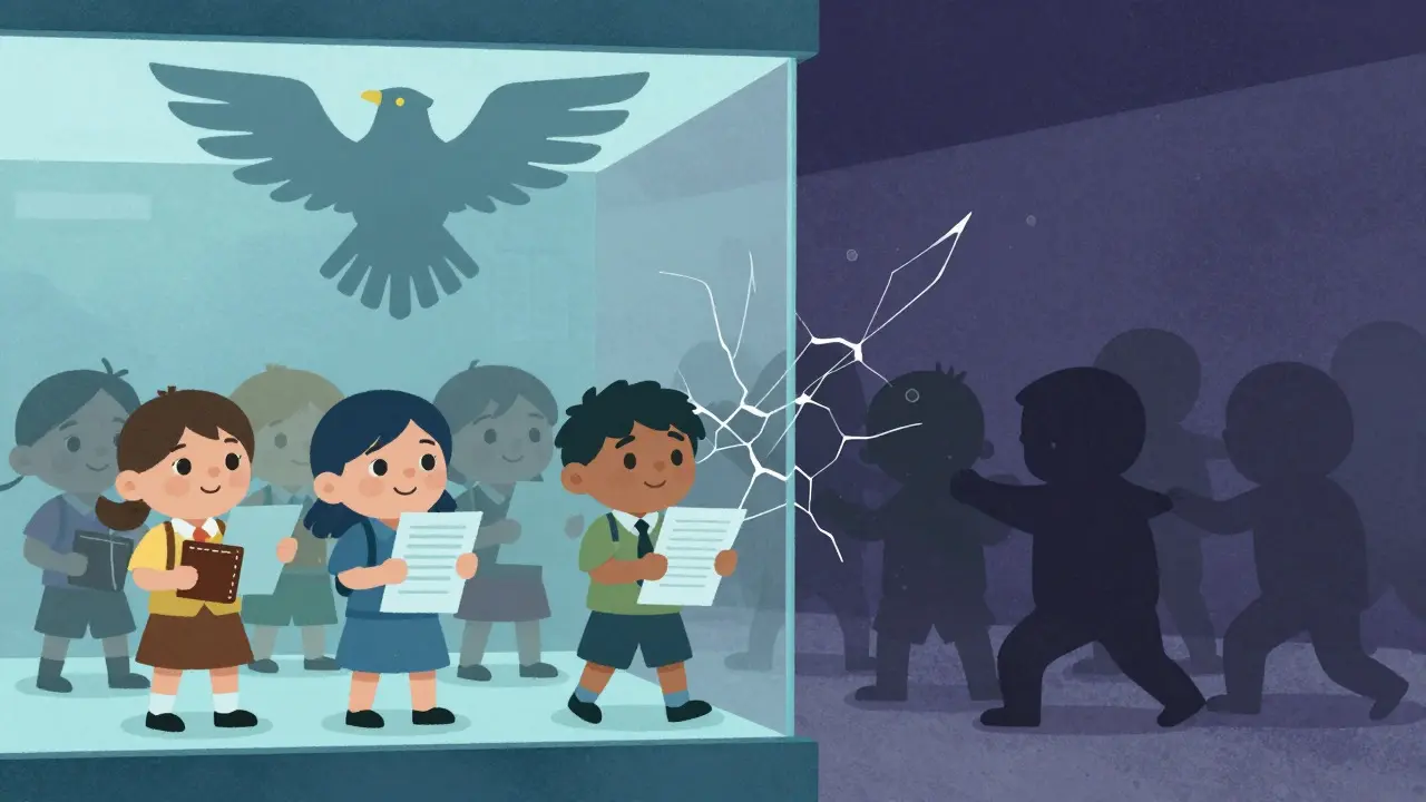 Cartoon characters standing safely behind a protective glass wall with a shield icon above