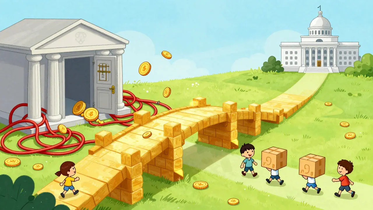 Cartoon depiction of a golden bridge connecting restricted banks to free crypto paths