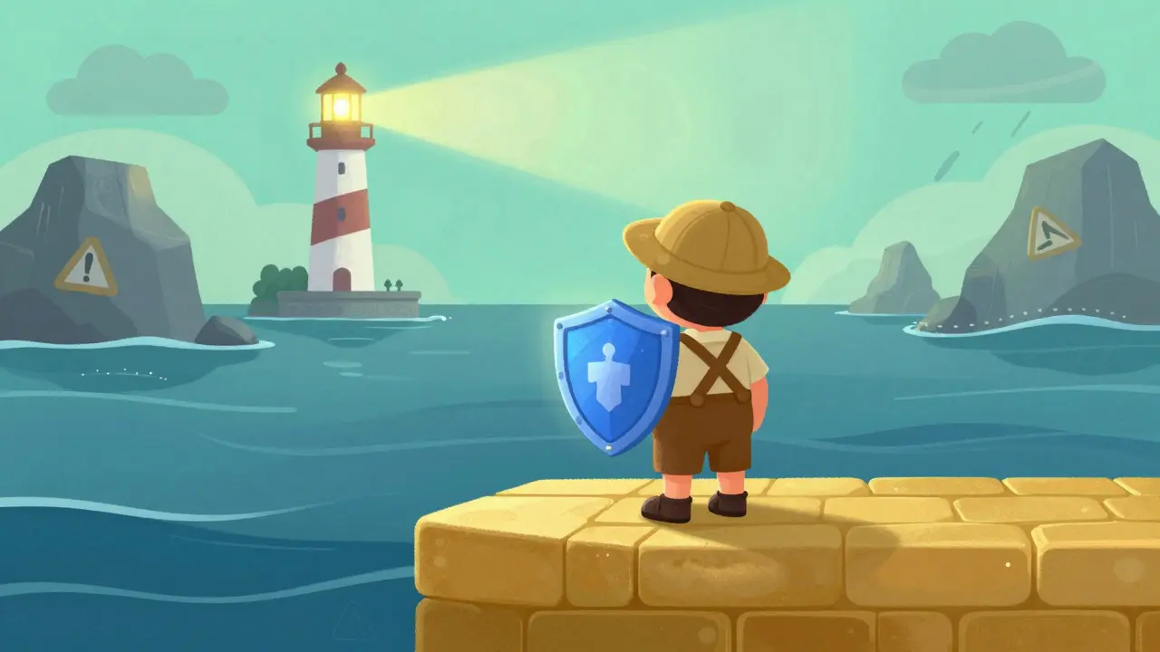 Cartoon trader standing safely on a golden platform near a lighthouse
