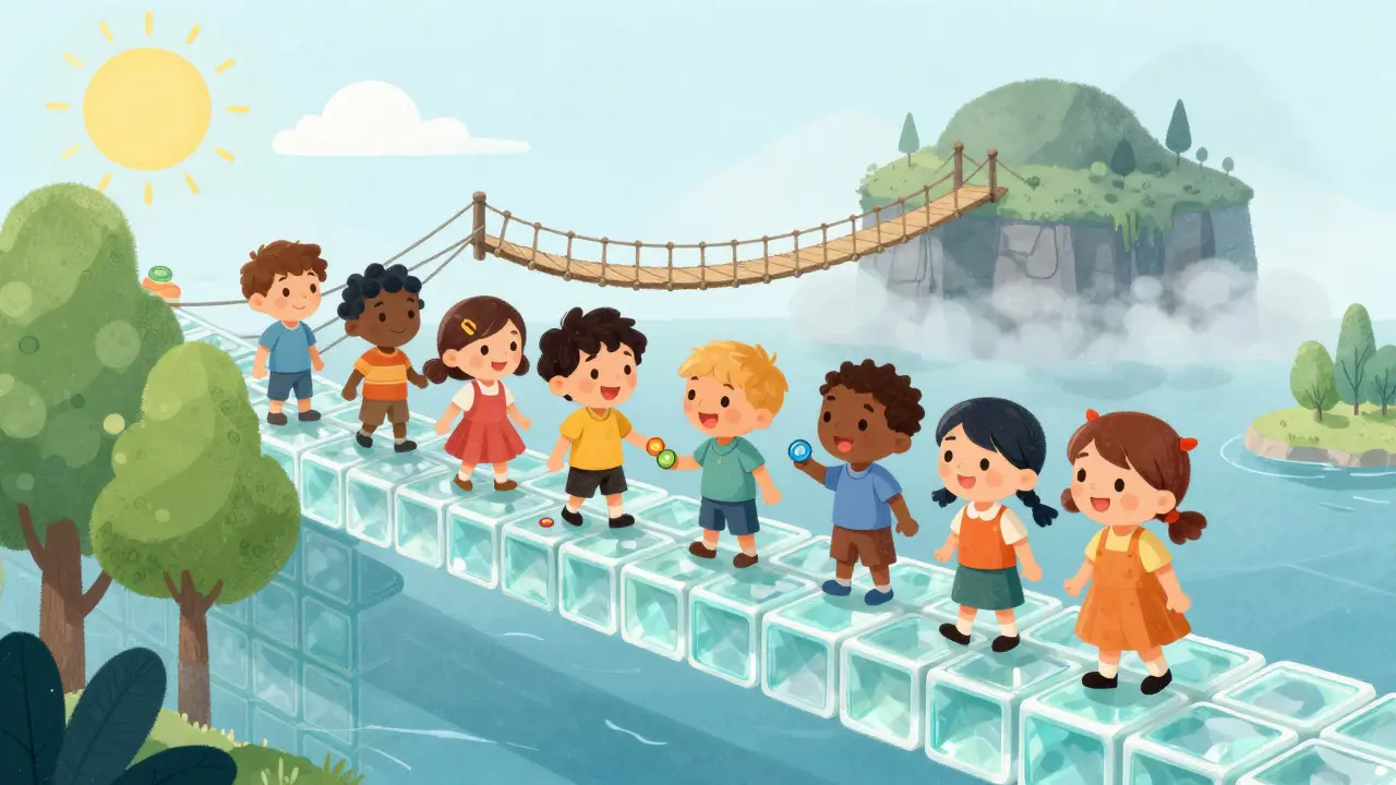 Characters safely trading on a solid bridge versus a risky rope path