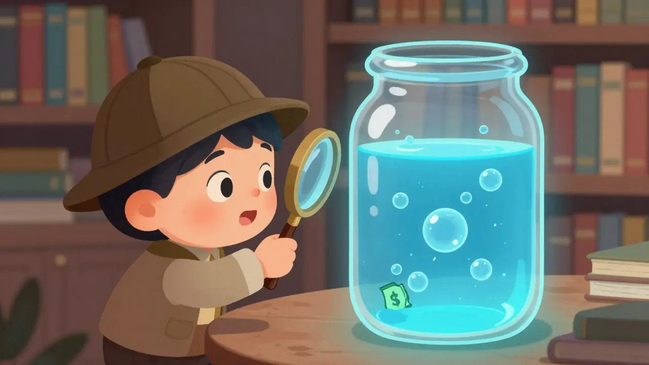 Child with magnifying glass inspecting a jar of glowing blue liquid