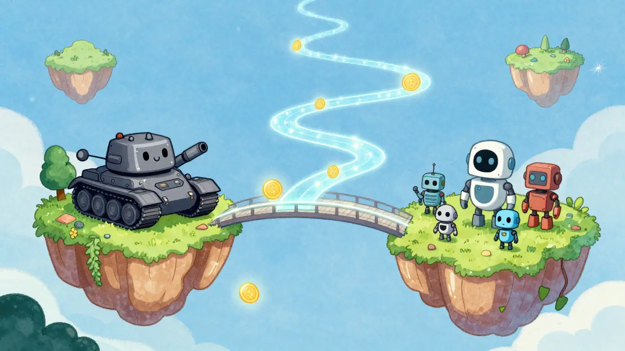 Cute armored tank crossing a glowing magical bridge between two floating islands
