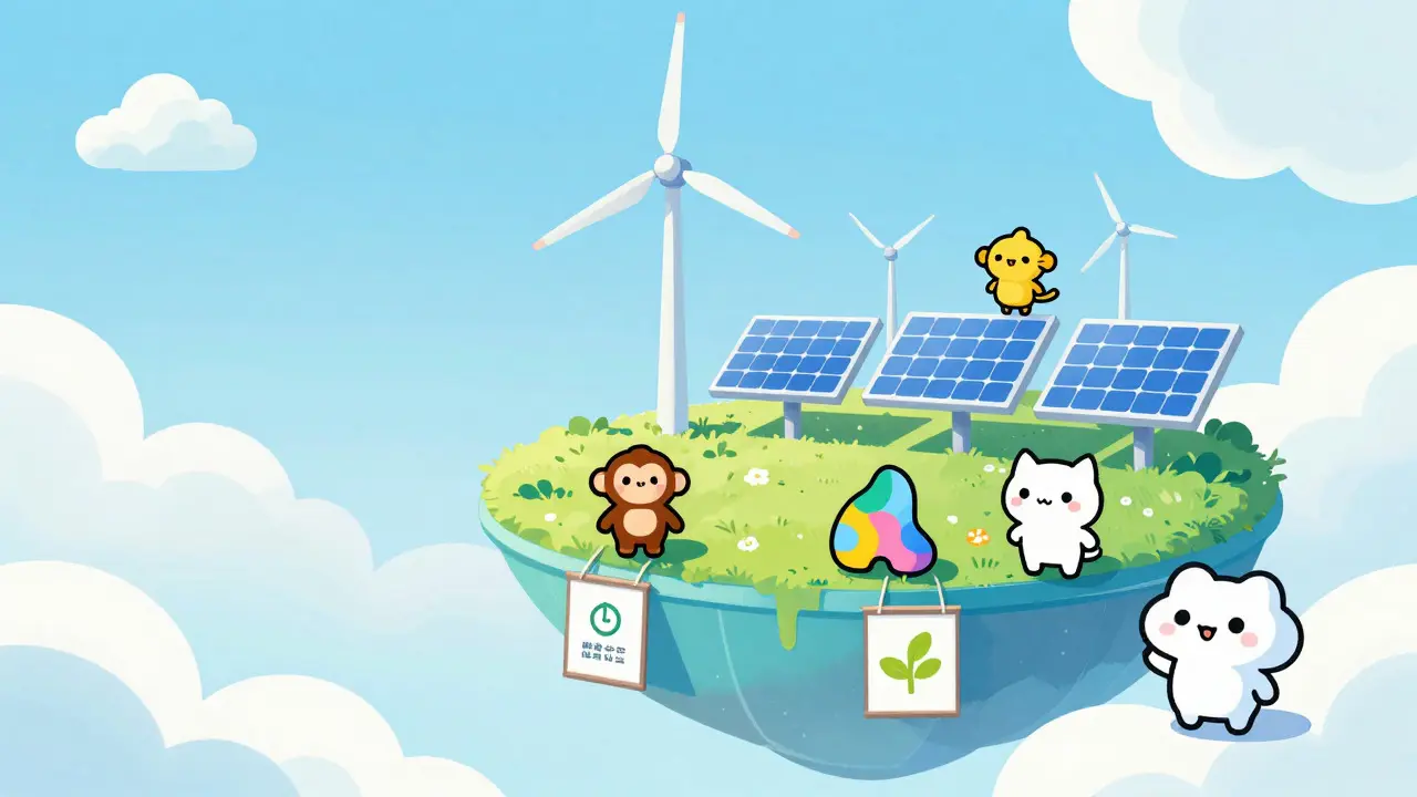 Cute NFT characters in a sky gallery powered by wind turbines and solar panels.