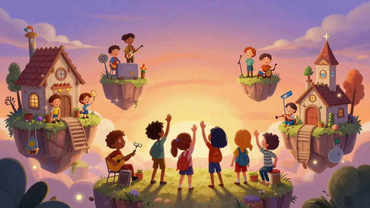 Diverse cartoon characters collaborating in a virtual village