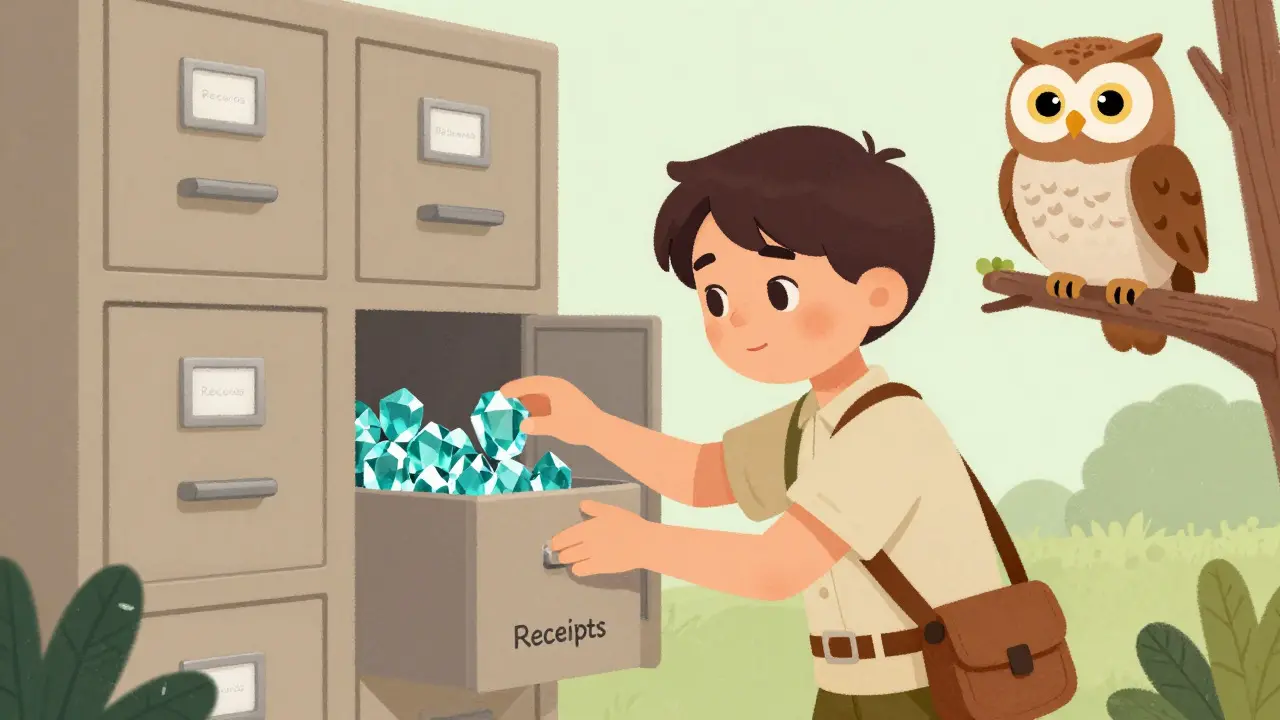 Explorer organizing crypto records with an owl watching over
